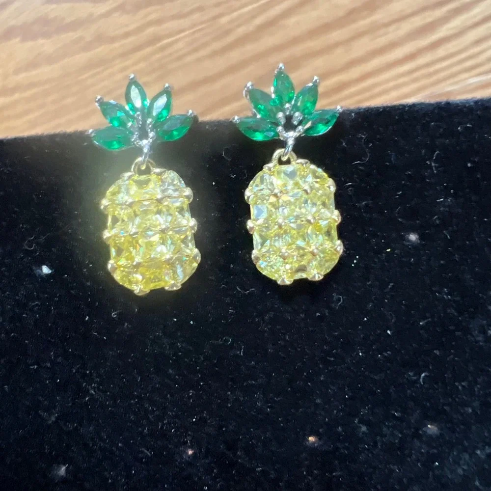 Yellow Green Crystal Pineapple Drop‎ Earrings Tropical Costume Jewelry Summer